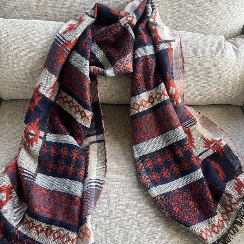 Tribal Patterned Scarf in Red and Navy